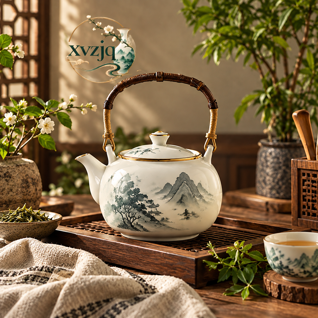 Bamboo Handle Ceramic Teapot