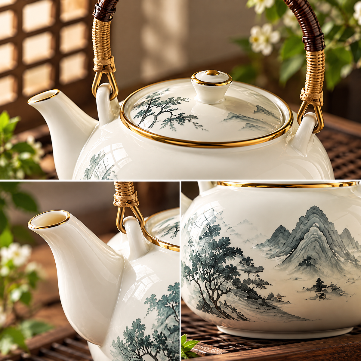 Bamboo Handle Ceramic Teapot