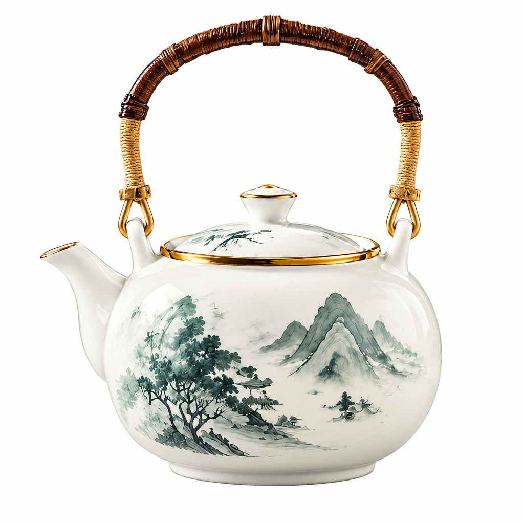Bamboo Handle Ceramic Teapot