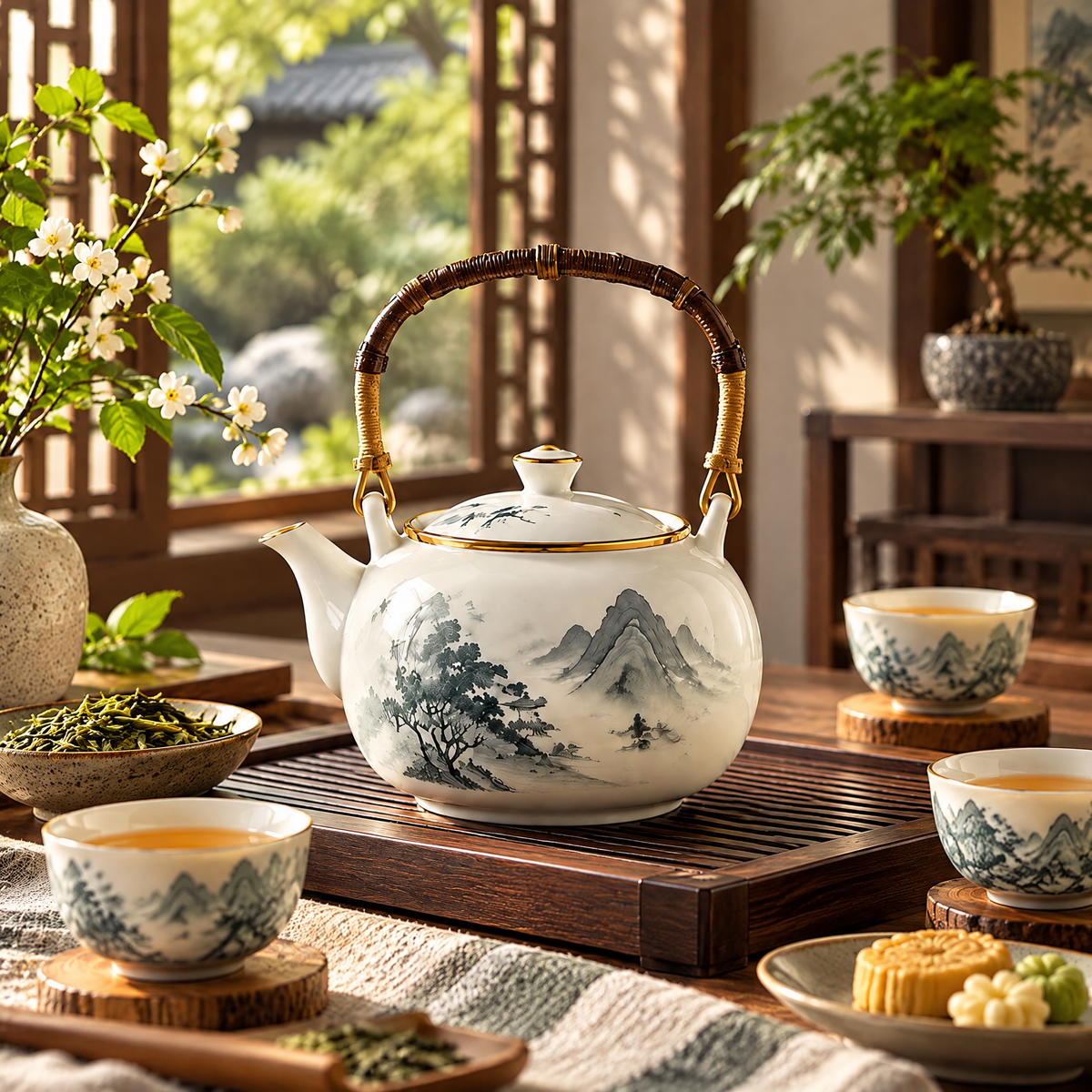 Bamboo Handle Ceramic Teapot
